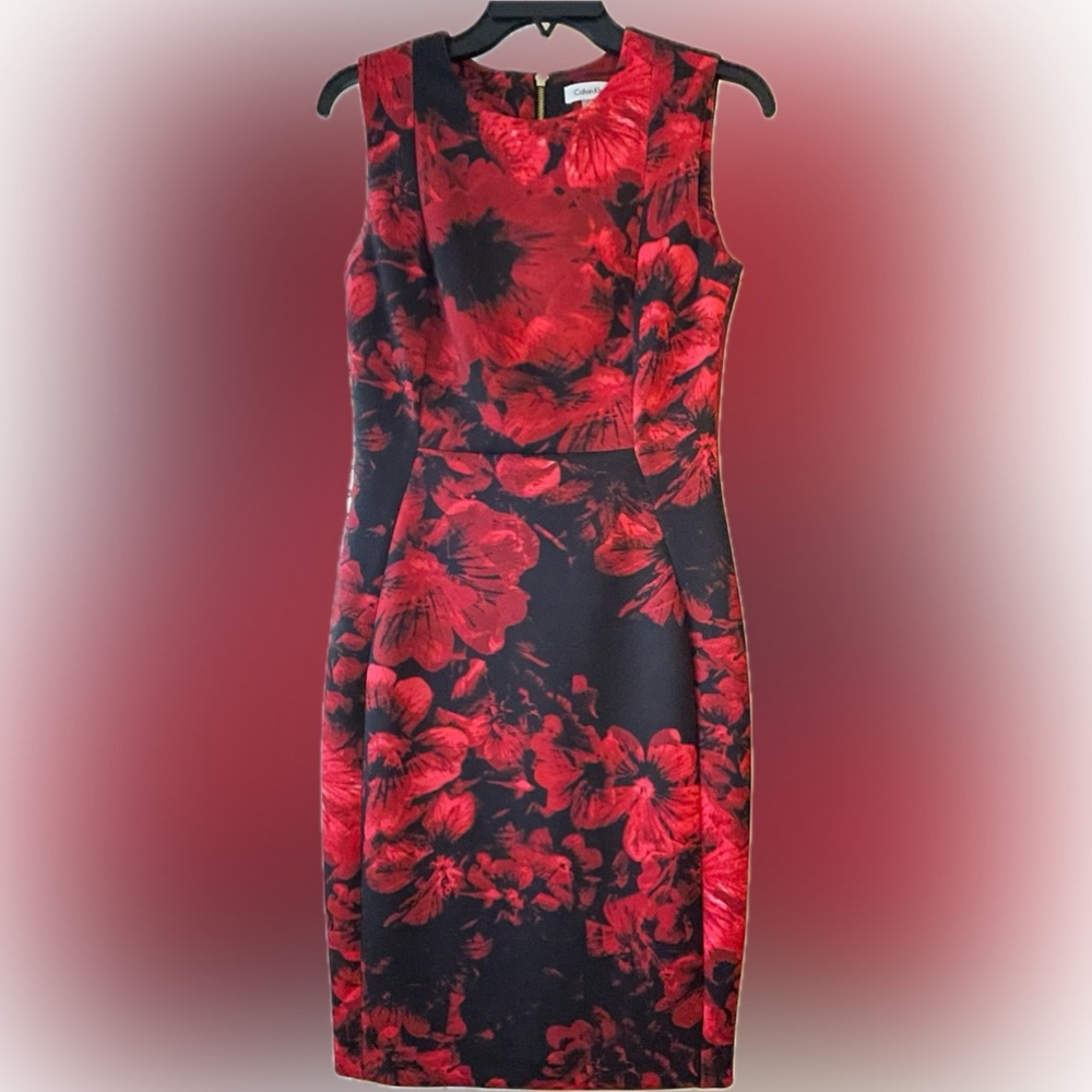 Calvin Klein, Red and Black, Sleeveless, Knee Length, Scuba Dress, Size 6